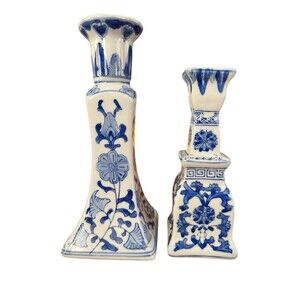 2 Vintage Chinoiserie Candle Holder Taper Blue White Asian Floral Cobalt Decor